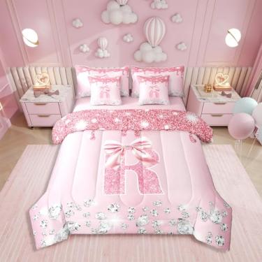 Imagem de Erosebridal Lindo conjunto de edredom com laço rosa com lençóis, conjunto de cama solteiro personalizado com inicial R, para meninos e meninas, 7 peças, conjunto de cama com monograma de princesa