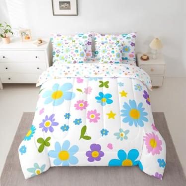 Imagem de Feelyou Conjunto de edredom floral com 7 peças, tamanho casal, para crianças, meninos, meninas, colorido, estampa de desenho animado, decoração de quarto, azul, roxo, microfibra leve e macia