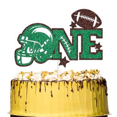 Imagem de Football One Cake Topper, Sport One Year Down Cake Decorations, Football 1st Birthday Party Decoration Supplies, Boy First Birthday Decor Brown & Green Glitter