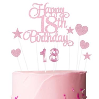 Imagem de Ainiv Topo de bolo de feliz aniversário de 18 anos, vela rosa número 18 para bolo de aniversário, decorações de bolo feliz 18 para meninos e meninas, topo de bolo de coração de estrela rosa para festa