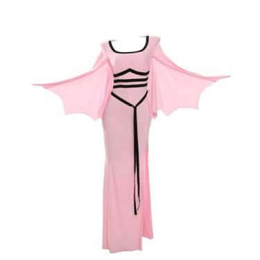 Imagem de MEOWCOS Vestido gótico colado ao corpo elegante com capuz de vampiro vestido de fenda rosa com mangas de barra morcego