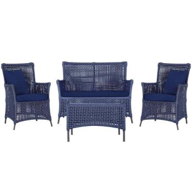 Imagem de Jogo Sofá 2 Poltronas e Mesa Igapó Preta E10 Trama autêntico Azul