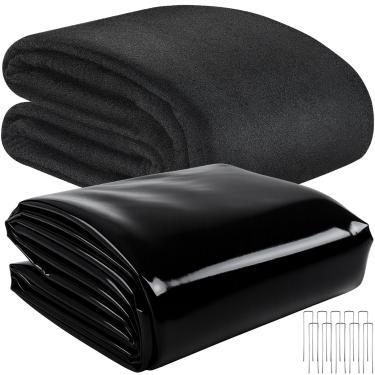 Imagem de Fanfanwin Pacote com 2 forro de lagoa de 20 Mil 3,5 x 3,5 m e escudo de revestimento geotêxtil não tecido preto Hdpe forro de lago de peixes com 10 pinos em U para lagoas de aparência natural