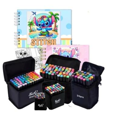 Imagem de Kit Livro De Colorir Stitch +24 Canetinhas Coloridas Touch Marca Texto, Ponta Dupla (0,1mm e 6,0mm) – Traços Finos e Áreas Grandes