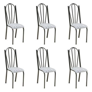 Imagem de Kit 6 Cadeiras de Cozinha Alasca Estampado Linho Pés de Ferro Cromo Preto - Pallazio