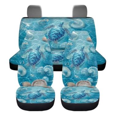 Imagem de ZIATUBLES Conjunto de 4 capas de assento de carro retrô concha marinha tartaruga impressão azul decoração interior automotivo protetor de assento de veículo respirável antiderrapante acessórios