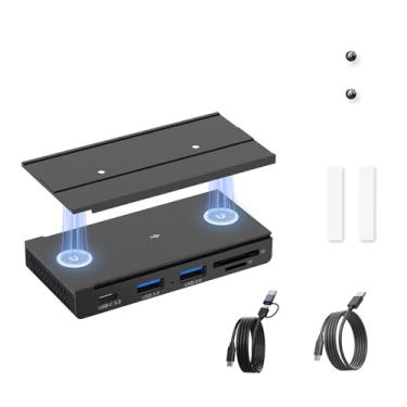 Imagem de EJAY Hub USB 3.0 magnético 5 em 1 com leitor de cartão SD/TF, 2 portas USB-A + 1 USB-C, inclui trilho deslizante, parafusos e almofadas adesivas para MacBook Laptop PC