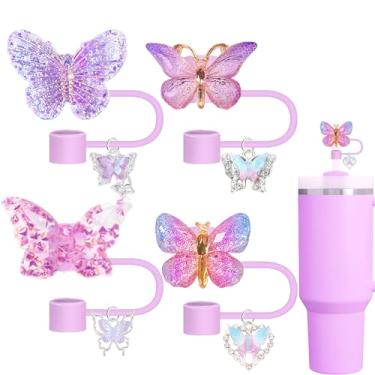 Imagem de Topo de palha de borboleta, capa de palha roxa compatível com copos Stanley de 30 e 1,134 g com enfeite de borboleta brilhante de encaixe, acessório de garrafa de água para copos fofos (Roxo)