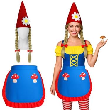 Imagem de Mepase 2 peças de fantasia de gnomo de jardim de Halloween para mulheres, avental de gnomo da floresta, chapéus de feltro cônico com caudas para cosplay de Halloween, artigos de festa
