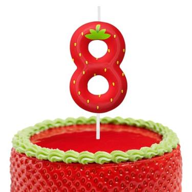 Imagem de Velas de aniversário de morango, decoração de topo de bolo de 6 cm, decorações de aniversário de velas número 8, decorações de bolo de festa de aniversário, suprimentos de festa