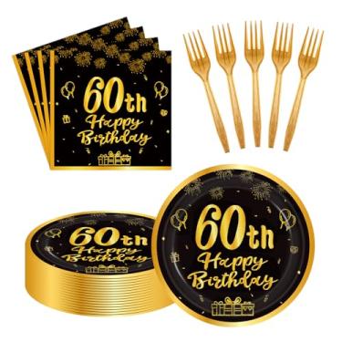 Imagem de LDFDRT 60 peças, pratos e guardanapos de papel para festa de 60 anos, garfos, pratos de bolo de sobremesa em ouro preto, suprimentos de decoração de festa, serve 20 convidados