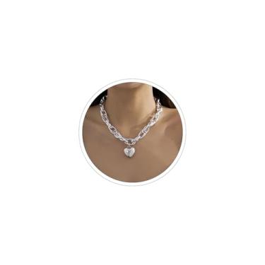 Imagem de VRNGI Colar de coração grosso, colar dourado com pingente de coração grande prata bufante para mulheres, colar grande com clipe de papel, gargantilha, berloque, joia grossa, Large, Liga de aço, Sem