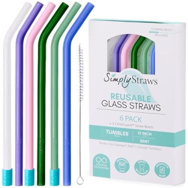 Imagem de Simply Straws Canudos de vidro de 30 cm dobrados (pacote com 6) – Canudos de vidro reutilizáveis para copo Stanley de 1,134 g, com escova de limpeza – Durável, seguro para lava-louças, uso quente e