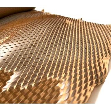 Imagem de Papel de embalagem de favo de mel de 51 cm x 2 m, rolo de papel de embrulho marrom para transporte com 12 adesivos frágeis