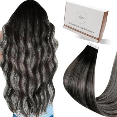 Imagem de Hetto Extensões de cabelo humano com fita adesiva de cabelo humano ombré preto a cinza prateado fita balayage em extensões de cabelo humano fita natural extensão de cabelo 55 cm 20 peças 50 g