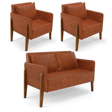 Imagem de Kit 1 Sofá Namoradeira E 2 Poltronas Lana Corano Nozes Base De Madeira - D'Rossi