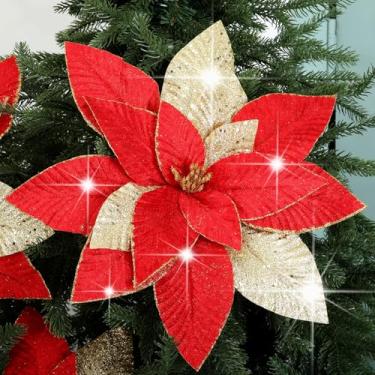 Imagem de Cinnvoice 4 peças de flores de Natal extra grandes de veludo de 40,6 cm com purpurina, poinsétias artificiais, enfeites florais para decoração de árvore de Natal, guirlanda de casamento (vermelho e