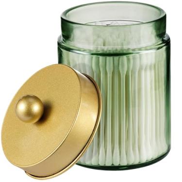 Imagem de Amolliar Frasco de boticário de vidro verde sálvia, tampa e adesivos de metal com suporte Qtip, recipiente de armazenamento para banheiro, decoração de casa de fazenda para bolas de algodão, cotonetes