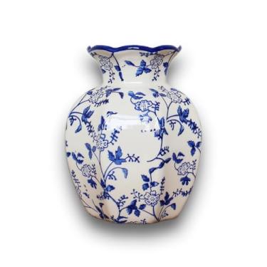 Imagem de Vaso vintage azul e branco, vaso floral chinoiserie, vasos grandes de cerâmica rústica para decoração de casa, sala de estar, estante de livros, escritório, decoração Grand Millennial 14 cm