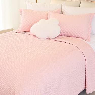 Imagem de Conjunto clássico de colcha com costura geométrica, 3 peças de colcha tamanho Queen, conjunto de capa de cama de microfibra leve e macia, coberta reversível com 2 fronhas (Queen238 cm x 243 cm Rosa)