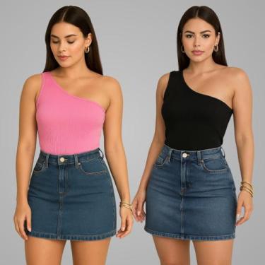 Imagem de Kit 2 Blusa Mula Manca Um Ombro So Basica Canelada Verão - Luau Brasil