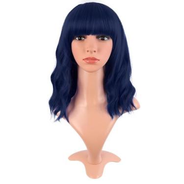 Imagem de Peruca MapOfBeauty Short Wavy Curly 35 cm sintética azul meia-noite