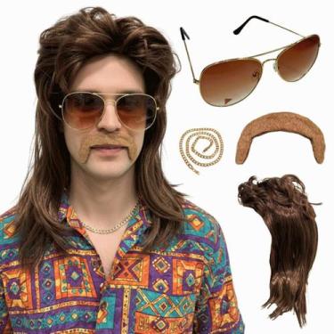 Imagem de Peruca Retrô Anos 80 Rock Ruivo Com Bigode Óculos Cordão - LIONSWIG
