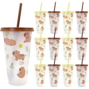 Imagem de Rojuna 12 peças de copos de plástico para decoração de aniversário de capivara com tampa e canudo 680 g para lembrancinhas de festa, suprimentos de chá de bebê