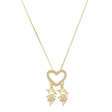 Imagem de Colar Com Pingente Duas Meninas Filhas Banho De Ouro