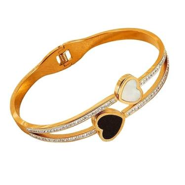 Imagem de Bracelete Aço Inoxidável Coração Dourado Duplo Fina Banhado Ouro 18K-Pulseira Feminina Delicada Branco Preto Cravejada Strass Madrepérola Cristal Aço Inox Cirúrgico Folheado Ouro18k Articulada Elegante-Presente Feminino Rígido Circular Flexível Romântico Elegante Moderno