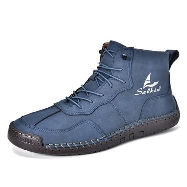 Imagem de MVIOBUY Botas Chukka masculinas italianas feitas à mão, de couro, renascentista, cano alto, cano alto, cano alto, leves, antiderrapantes e à prova d'água, Azul, 45