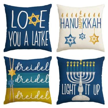 Imagem de AVOIN colorlife Happy Hanukkah Love You A Latke Menorah Dreidel Capas de almofada, 50 x 50 cm, capa de almofada de férias iluminada para sofá conjunto de 4