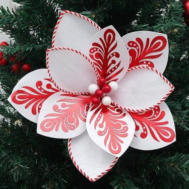 Imagem de wybcfp 4 peças de enfeites de flores de Natal grandes, decorações de árvore, poinsétia de Natal, flores artificiais de Natal com hastes para guirlanda de árvore de Natal, decoração de festa de