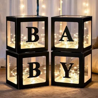 Imagem de Lovelite Caixas de bebê com letras para chá de bebê, 4 caixas transparentes de balão de bebê com luzes de LED para decoração reveladora de gênero meninos meninas aniversário festa de casamento, pano