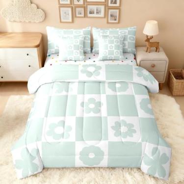 Imagem de Feelyou Jogo de cama solteiro xadrez floral fofo com lençol para crianças, meninos, meninas, Pow Der, azul, branco, xadrez, 7 peças, geométrico, para decoração de quarto
