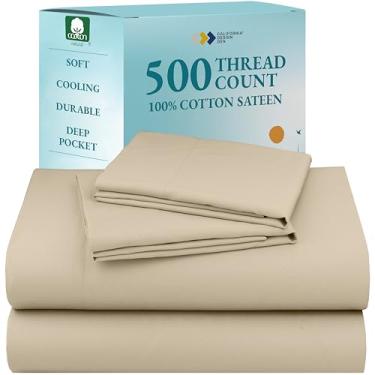 Imagem de California Design Den Jogo de cama queen size 100% algodão natural - cetim refrescante de 500 fios, bolsos profundos totalmente elásticos para um ajuste confortável, roupa de cama respirável e durável