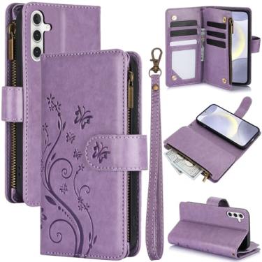 Imagem de Capa carteira para Samsung Galaxy A54 5G, couro sintético e TPU à prova de choque, 6 compartimentos para cartões/compartimento para dinheiro/bolso com zíper, fecho magnético, alça de pulso removível