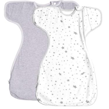 Imagem de AugTwig Saco de enrolar com design de braços para cima, 2 pacotes, melhora o sono, mantém os bebês calmos e relaxados, saco de dormir para bebês, transições de 3 vias para saco de dormir vestível sem