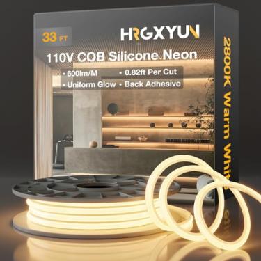 Imagem de HRGXYUN Fita de luzes LED COB 110 V - 15 m/50 pés à prova d'água de corda de silicone com suporte adesivo, iluminação neon branca quente cortável para armários, escritório doméstico e projetos DIY