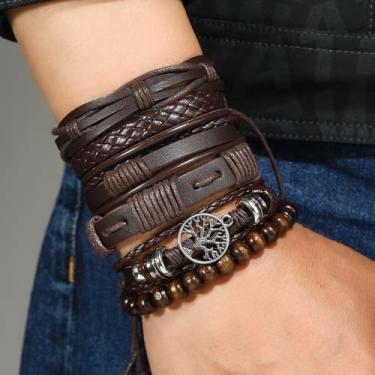 Imagem de Conjunto de joias de couro multicamadas de 6 peças, série Life Tree, adequado para uso diário e combinação de roupas, One size, Couro, Sem Pedra Preciosa