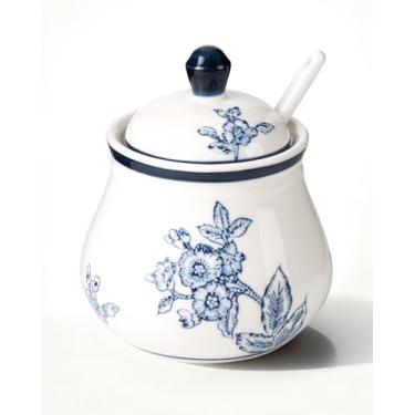 Imagem de Magclay Açucareiro de cerâmica com tampa e colher, recipiente de açúcar de 325 ml para cafeteria, jarra/dispensador de açúcar azul e branco, flores e galhos