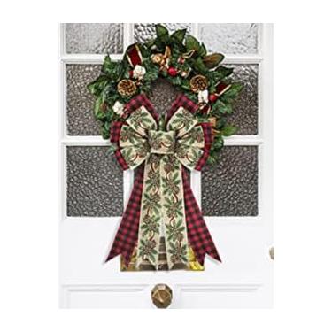 Imagem de Grande laço de Natal para guirlanda, arcos xadrez de búfalo vermelho e preto para decoração de cerca de parede da porta da frente, guirlanda de pinheiro, arco de árvore para decoração de festa de