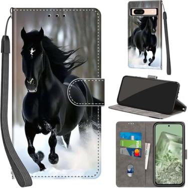 Imagem de Capa carteira para Google Pixel 8A, com [3 compartimentos para cartão], fecho magnético com suporte, capa flip protetora à prova de choque, neve e cavalos