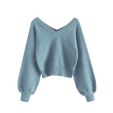 Imagem de Suéter recortado ZAFUL com decote em V e manga comprida para mulheres 