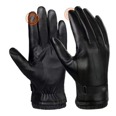 Imagem de Luvas masculinas de inverno pretas de couro com fecho de pressão e tela sensível ao toque, luvas de ciclismo para ambientes externos, luvas quentes e à prova d'água da SANKUU, Preto, X-Large