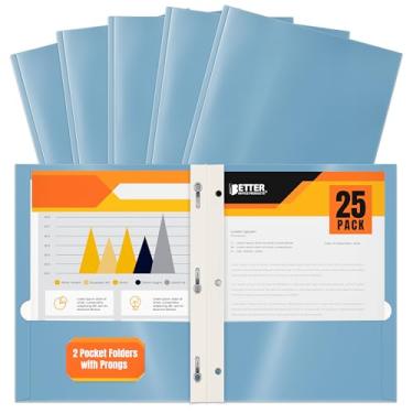 Imagem de Pasta de papel azul claro brilhante com 2 bolsos com pinos, pacote com 25, da Better Office Products, tamanho de letra, portfólios de papel azul claro de alto brilho com 3 prendedores de garra, caixa com 25, azul claro