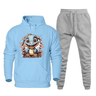 Imagem de Conjunto Plus Size Moletom Masculino Numeraçao Especial Estampa Dinossauro Blusa Canguru e Calça