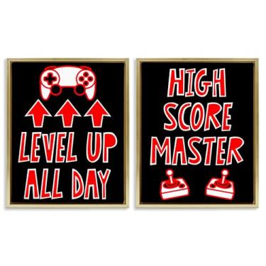 Imagem de Stupell Industries Level Up High Score Gamer Conjunto de tela flutuante com moldura preta de 2 peças, design por Marcus Prime, 21 x 17