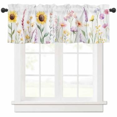 Imagem de Cortina de sanefa de tratamento de janela, cortina curta de sombra de folhas de flores silvestres rosa girassol primavera para cozinha, banheiro, sala de estar, quarto, privacidade, varão com bolso