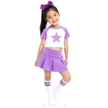 Imagem de Total 2550 Vestido infantil para meninas, fantasia de líder de torcida, uniforme de líder de torcida, manga estrela de Halloween (roxo claro/branco, M / 5-8)